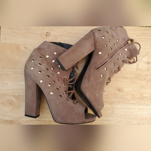 Giuseppe Zanotti Brown Alien 115 Gold Studded Peep Toe Lace Up Bootie Size 39 - Picture 8 of 15